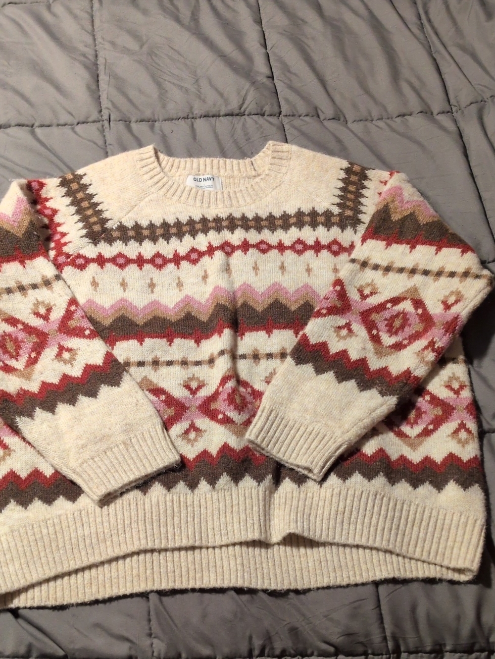 Old Navy Cream Fair Isle Crewneck Sweater with Red, Pink and Brown Accents